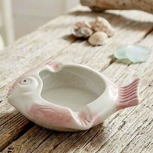 Ceramic Fish-Shaped Pet Bowl - Pink and White